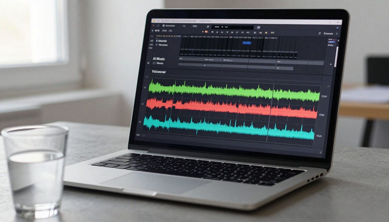 Digital audio workstation showing AI Music and Voiceover tracks layered in a timeline