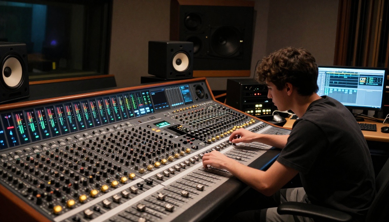 A sound engineer leaning over a large SSL mixing console adjusting faders in a professional studio