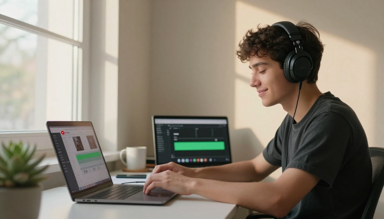 Young content creator wearing headphones smiling while previewing a completed YouTube video
