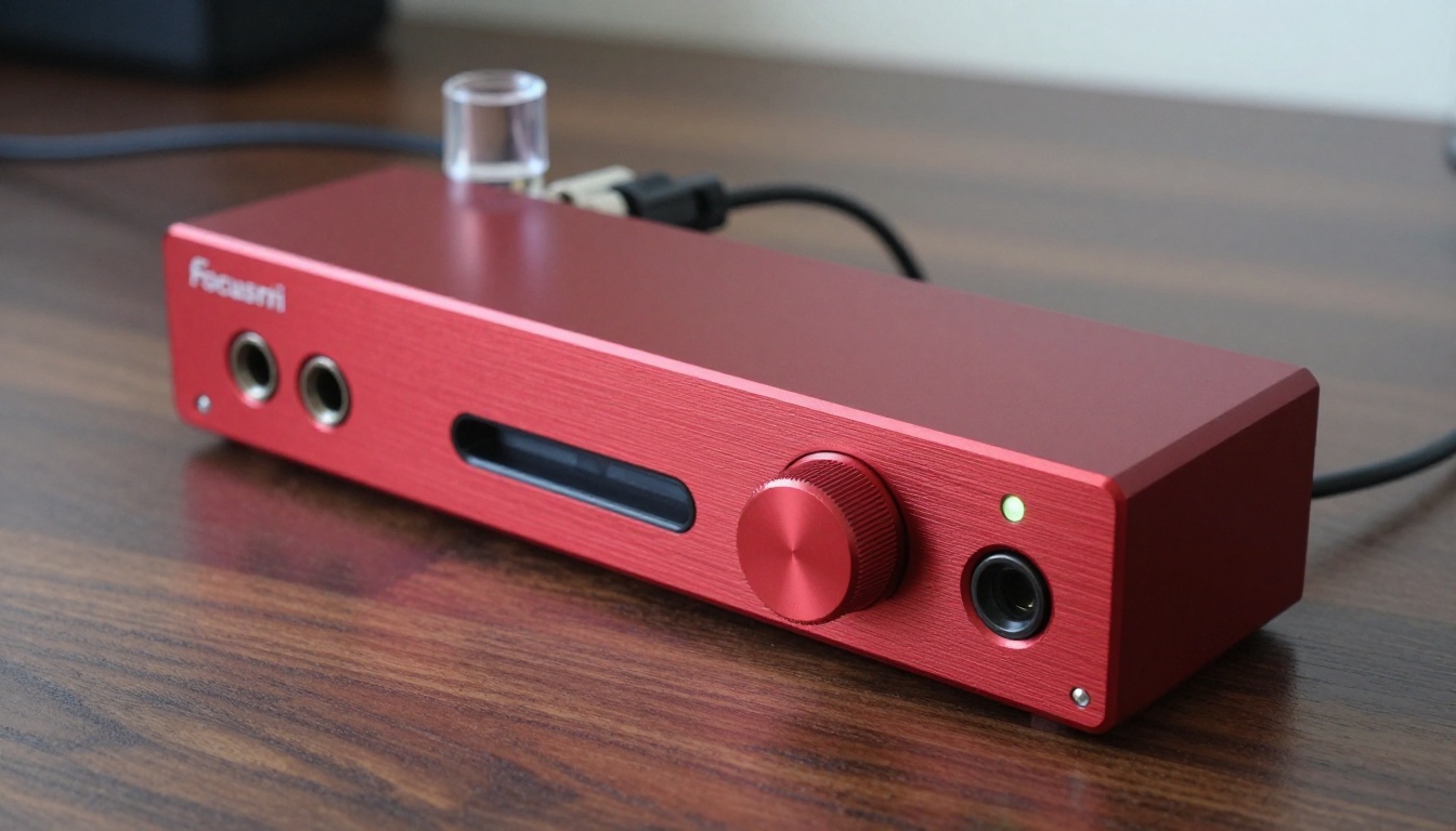 Close-up of a professional USB audio interface with gain knobs and LED indicators on a wooden desk