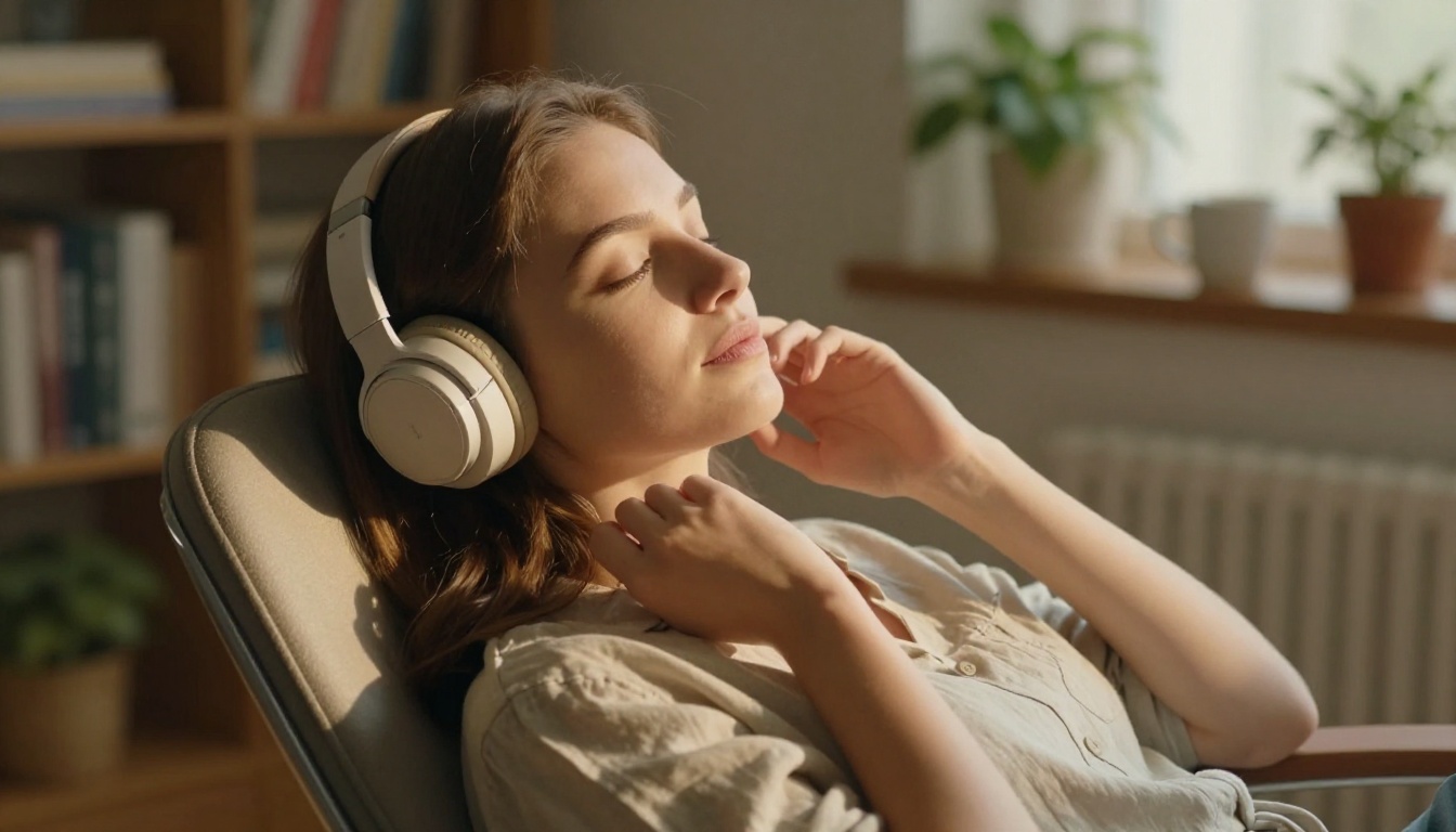 A young woman relaxing with eyes closed listening to AI-generated music on wireless headphones