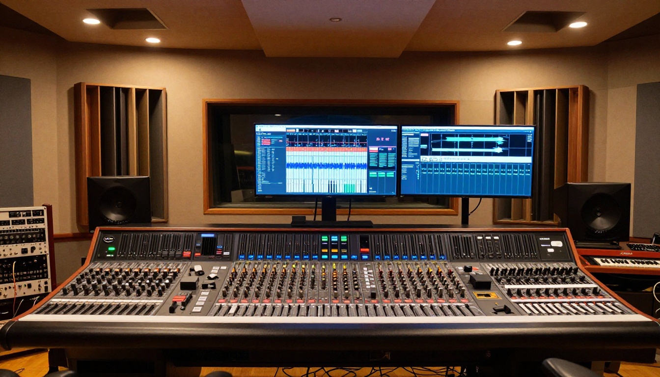 Wide-angle interior of a professional recording studio control room featuring a Neve mixing desk and widescreen monitors