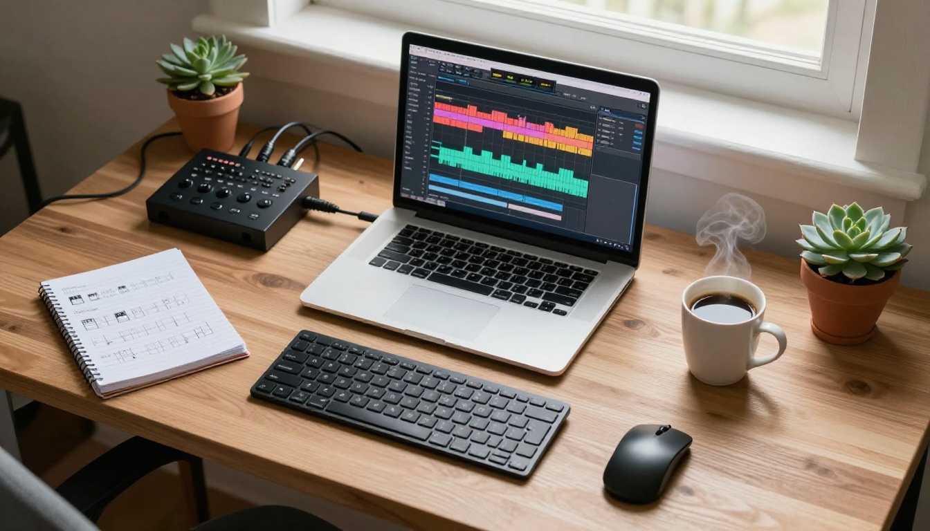 Overhead view of a complete music production workstation with MIDI keyboard, audio interface, and laptop