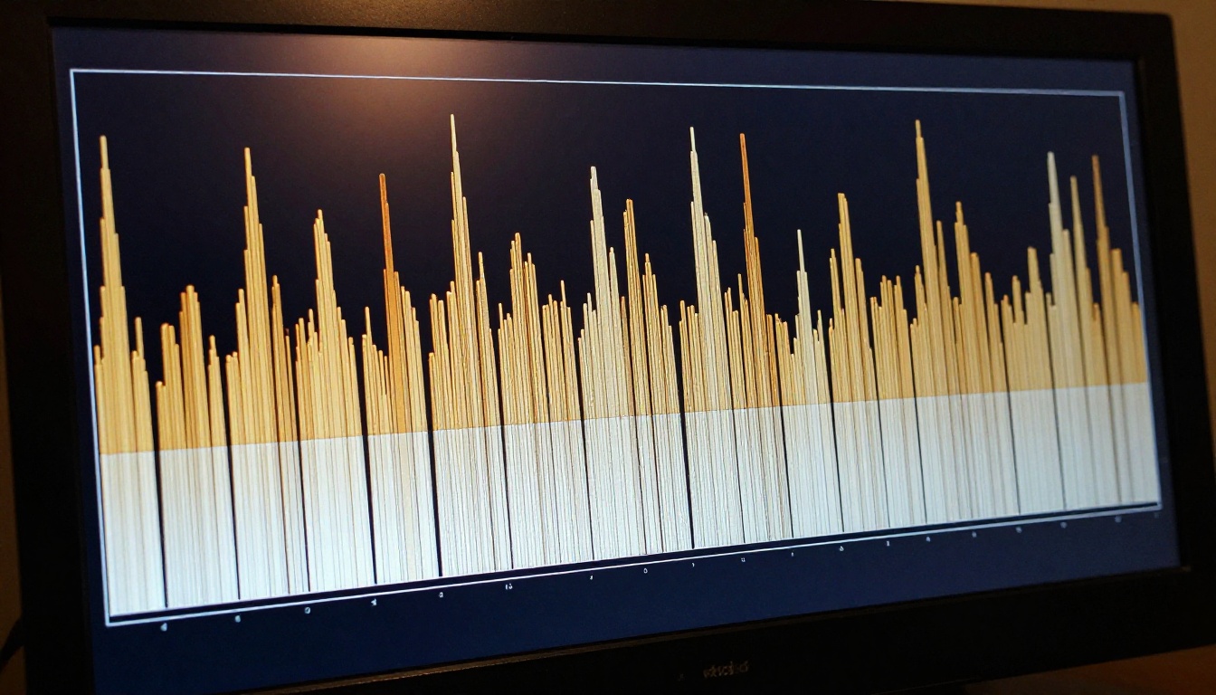 Close-up audio frequency spectrum visualization on a dark monitor showing amber and cream bars representing harmonic layers