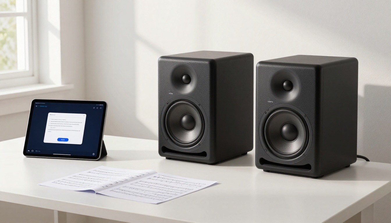 Adam Audio T7V studio monitor speakers on a white shelf with a tablet showing AI music interface and sheet music on the desk