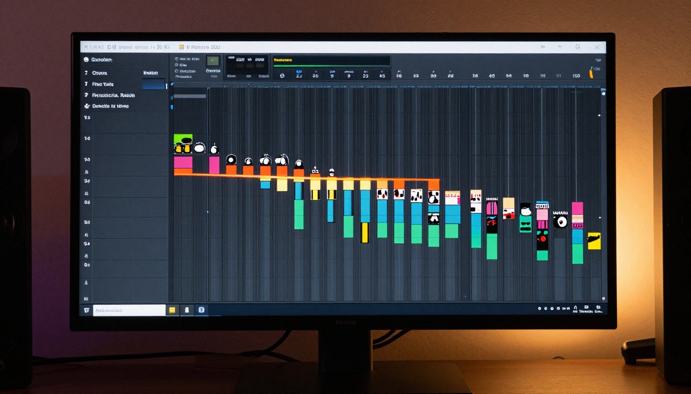Music production timeline on a monitor showing left half empty grey tracks and right half densely populated with colorful audio clips