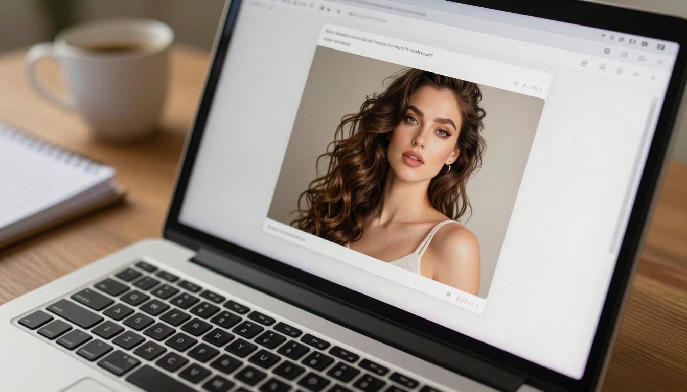 Laptop screen displaying AI image generation interface with glamour photograph result