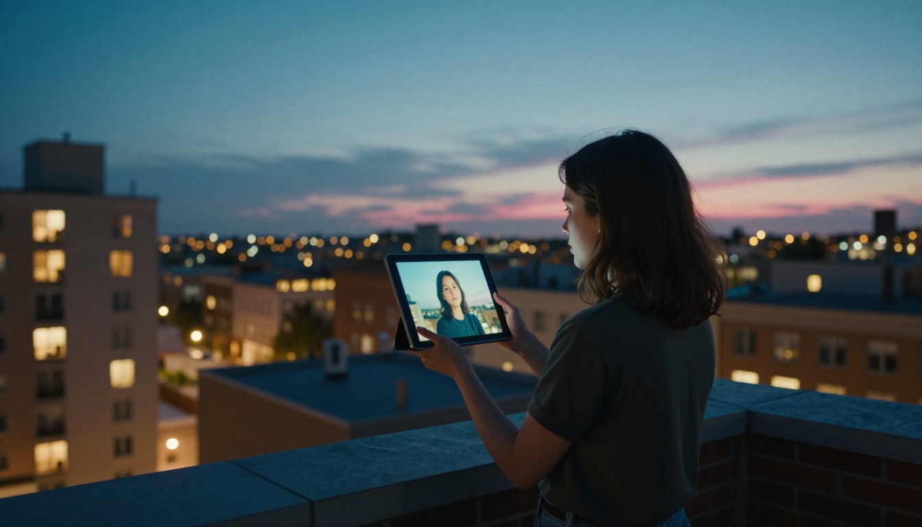 Rooftop view with woman animating a portrait photo on tablet