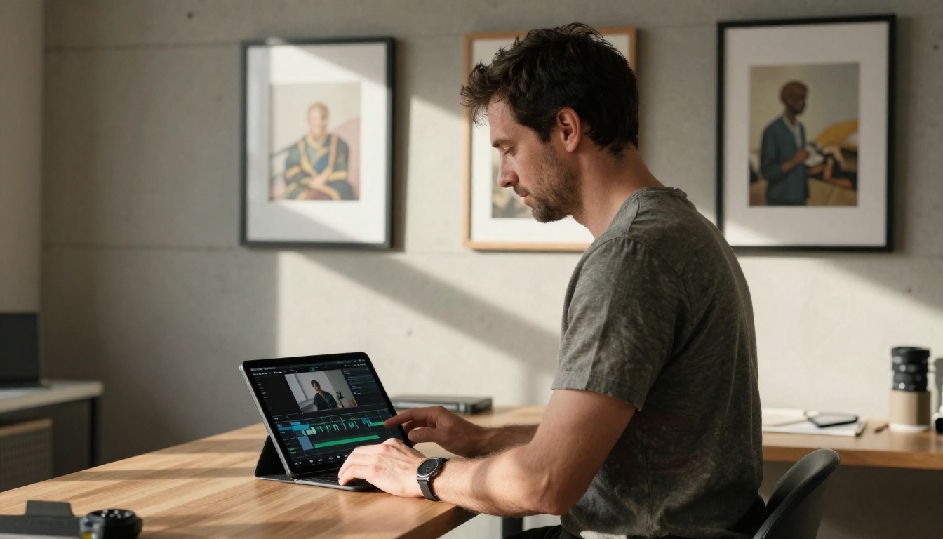 Man at standing desk reviewing animated frames on tablet