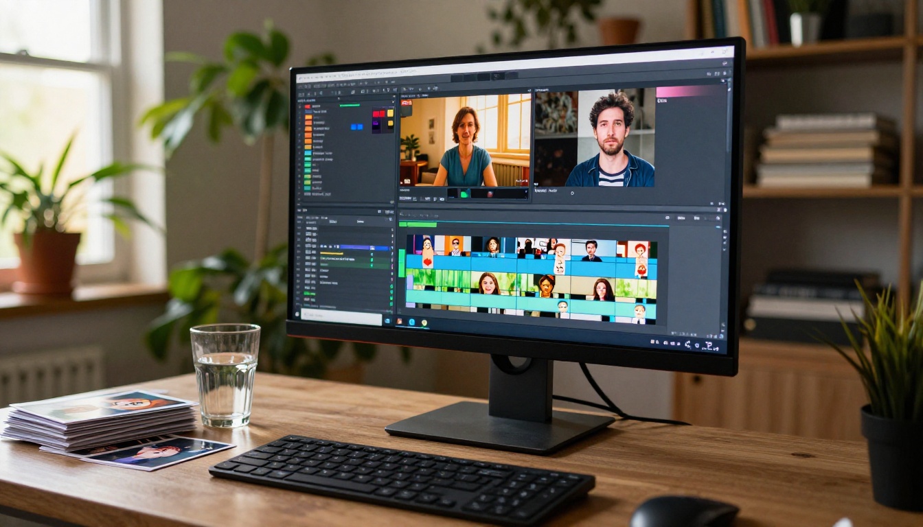 Low-angle view of video editing timeline on monitor