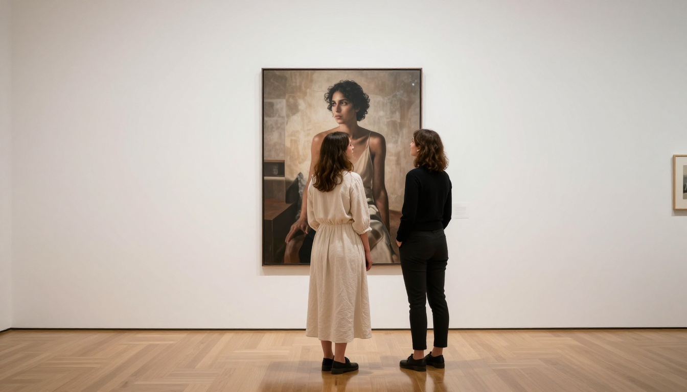 Two creators in art gallery examining AI-generated prints Two creators in art gallery examining AI-generated prints
