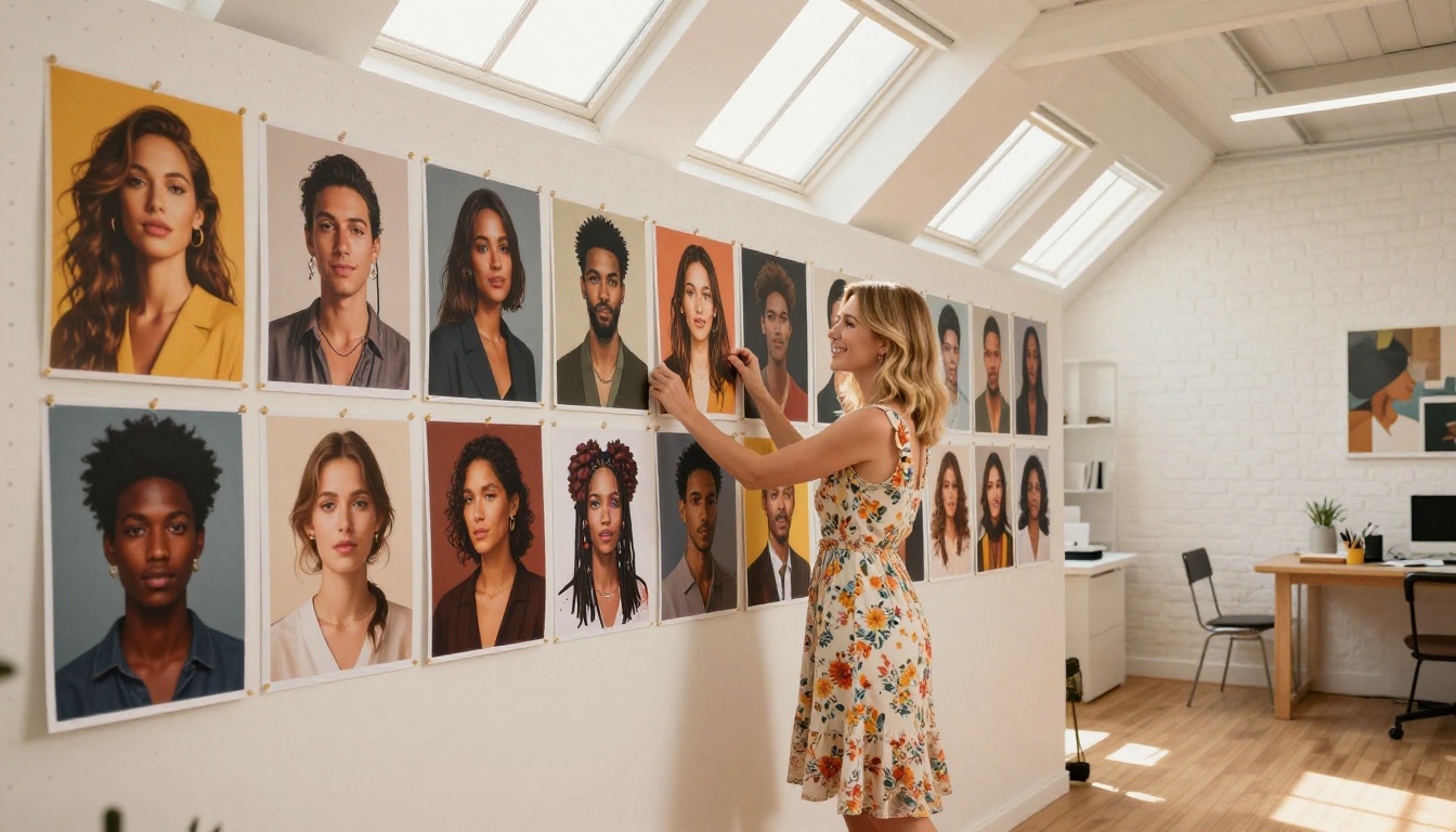 Creative studio with AI art prints on white wall Creative studio with AI art prints on white wall