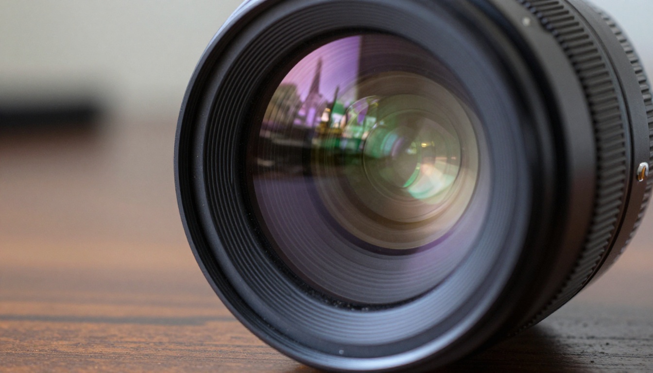 Close-up macro photograph of a cinema prime lens with multi-coating reflections Close-up macro photograph of a cinema prime lens with multi-coating reflections