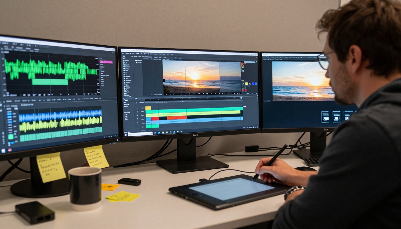 Professional video editor at a three-monitor editing workstation Professional video editor at a three-monitor editing workstation