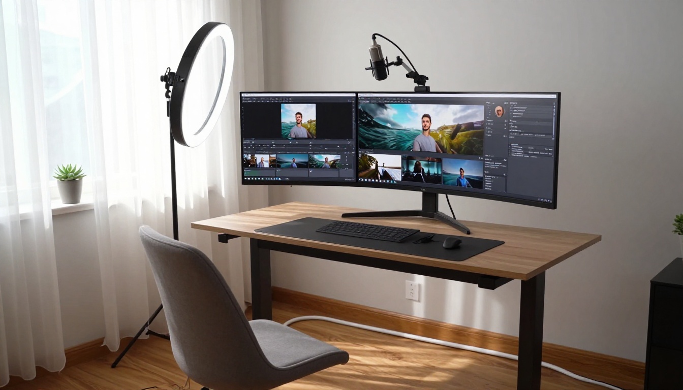 Modern home office content creation setup with AI video generation interface on ultra-wide monitor Modern home office content creation setup with AI video generation interface on ultra-wide monitor