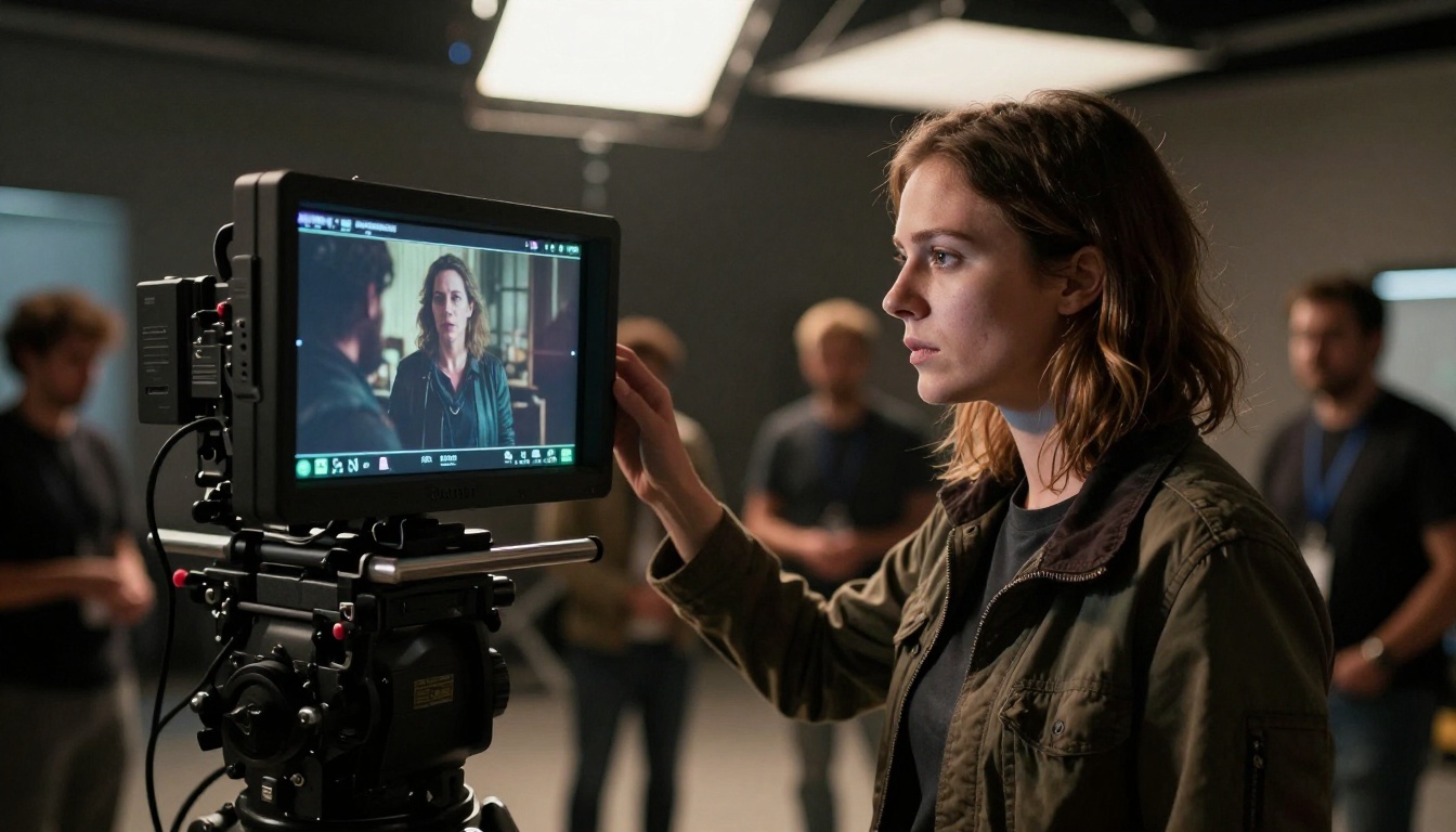Director reviewing footage on professional film set Director reviewing footage on professional film set