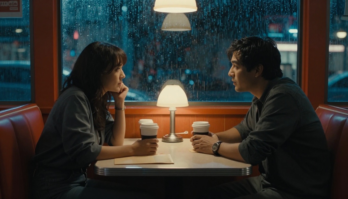 Late night diner conversation, cinematic two-shot Late night diner conversation, cinematic two-shot