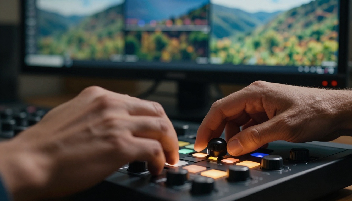Close-up of a video colorist's hands resting on a professional color grading panel with weighted jog wheels Close-up of a video colorist's hands resting on a professional color grading panel with weighted jog wheels