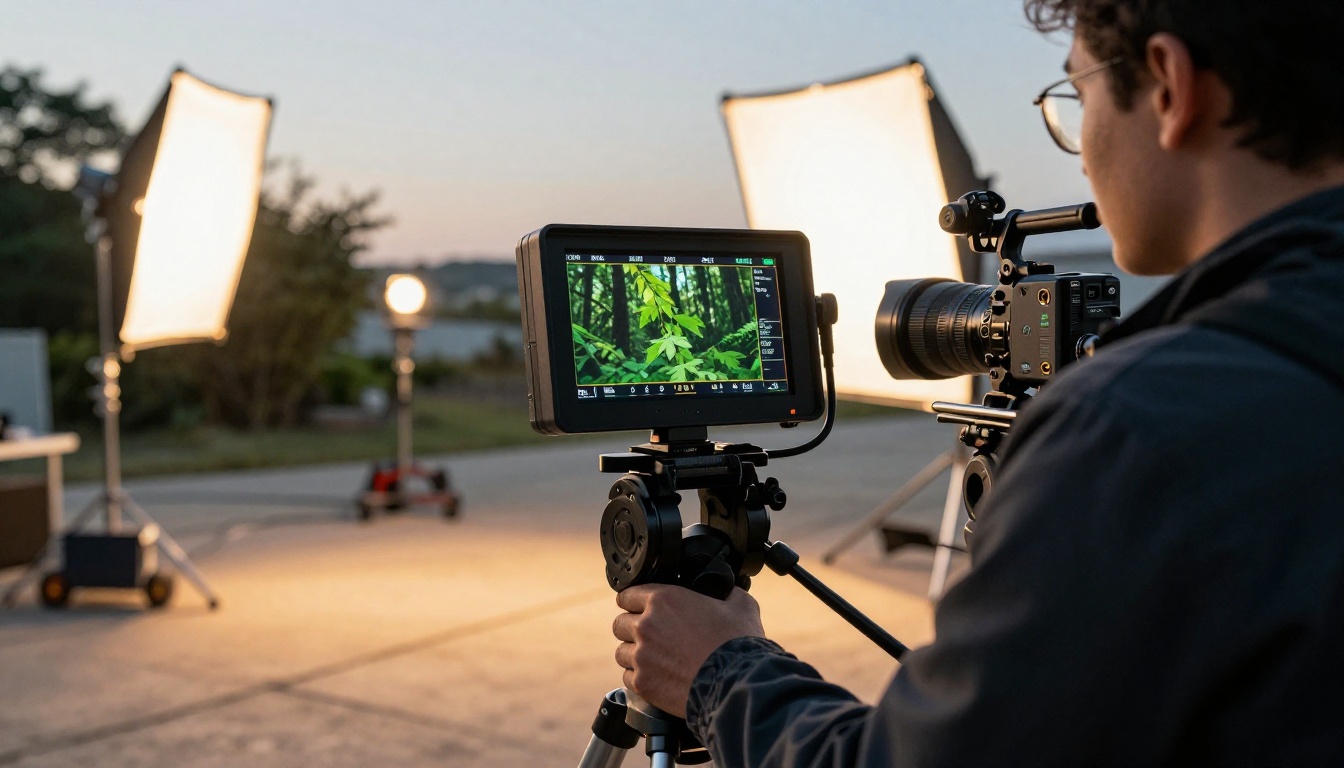 Professional videographer in a dark jacket reviewing footage on a large field monitor during a golden-hour outdoor shoot Professional videographer in a dark jacket reviewing footage on a large field monitor during a golden-hour outdoor shoot