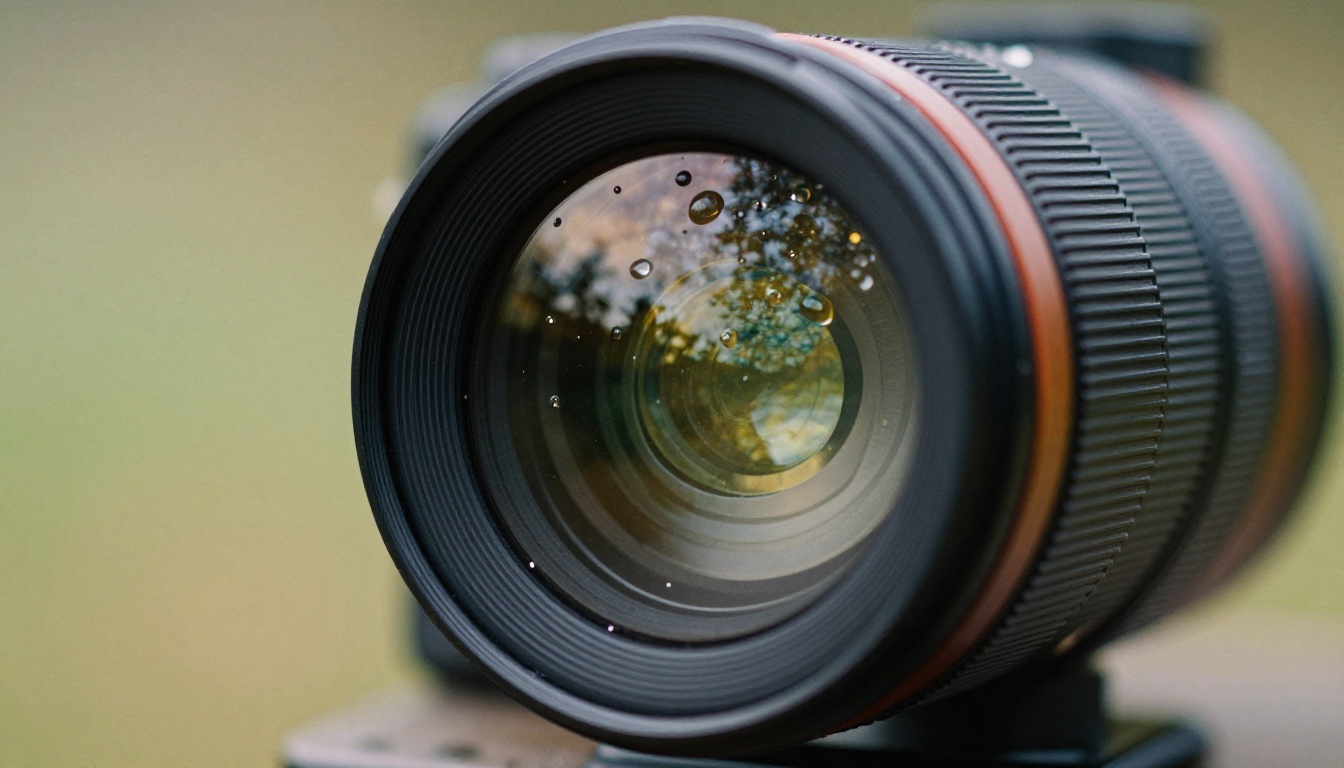 Extreme macro close-up of a camera lens front element with water droplets refracting inverted forest imagery Extreme macro close-up of a camera lens front element with water droplets refracting inverted forest imagery