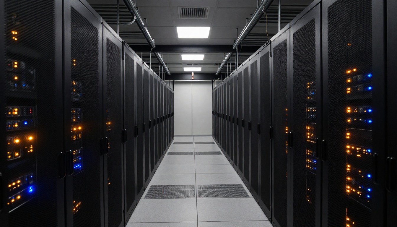 Wide-angle view of a modern data center server room corridor with rows of black server racks and amber indicator lights Wide-angle view of a modern data center server room corridor with rows of black server racks and amber indicator lights
