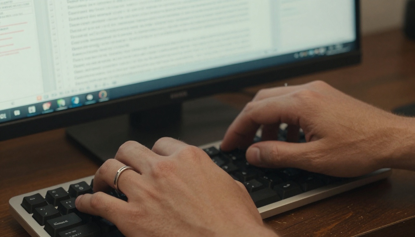 Hands resting on mechanical keyboard with document displayed on monitor Hands resting on mechanical keyboard with document displayed on monitor