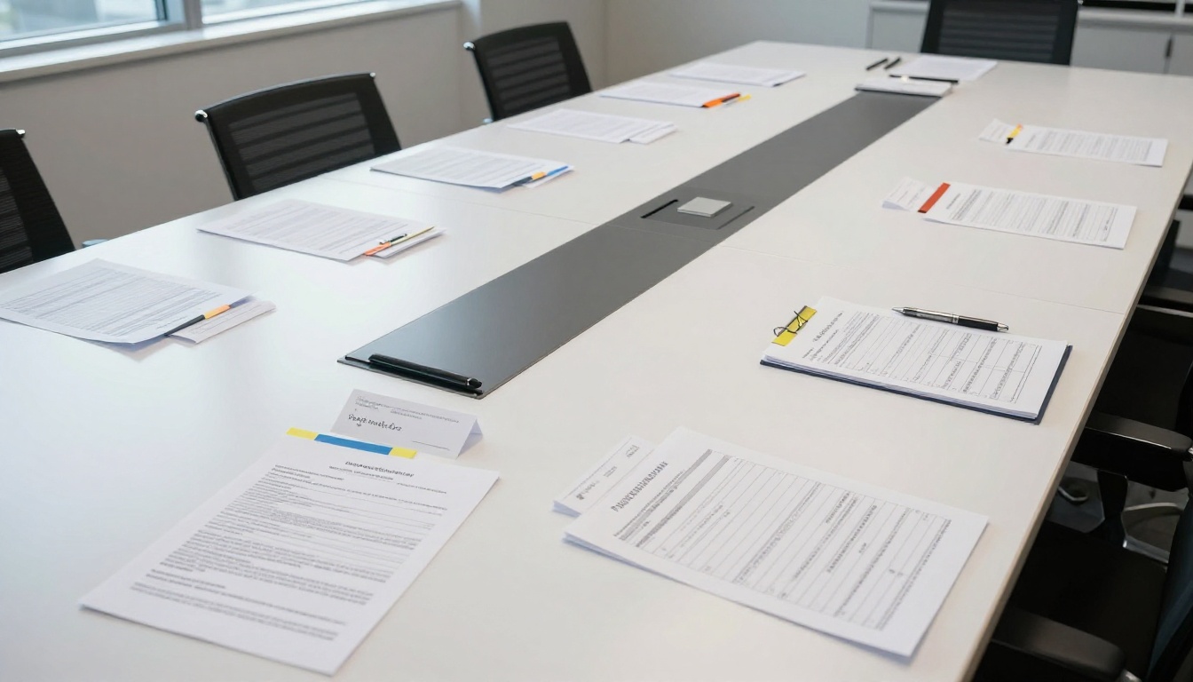 Aerial view of conference table covered in organized printed contract documents Aerial view of conference table covered in organized printed contract documents