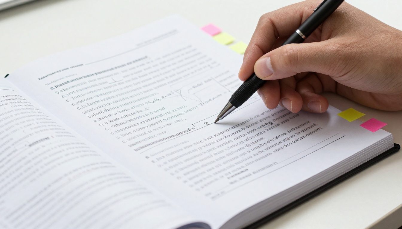 Technical manual with annotation tabs and pen marks on a white desk Technical manual with annotation tabs and pen marks on a white desk