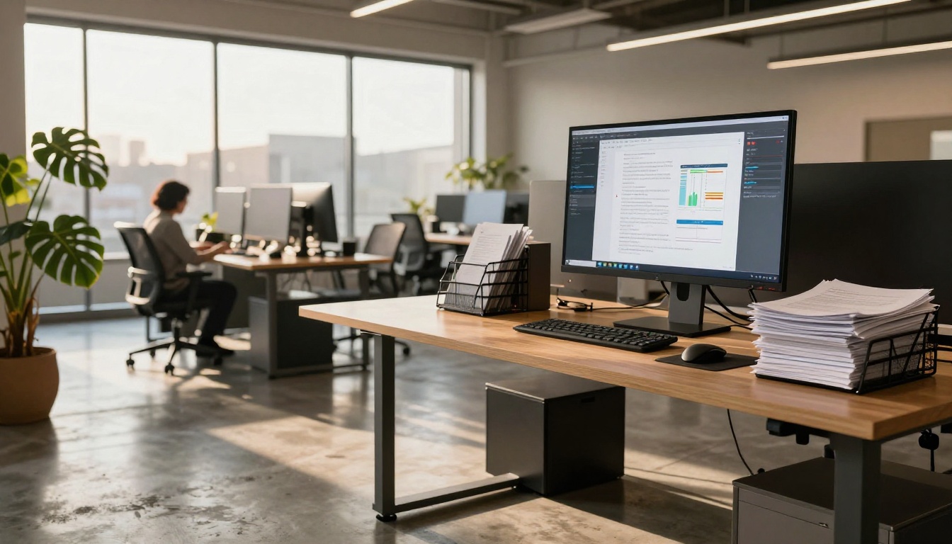 Modern open-plan tech office with ultrawide monitor displaying document comparison Modern open-plan tech office with ultrawide monitor displaying document comparison