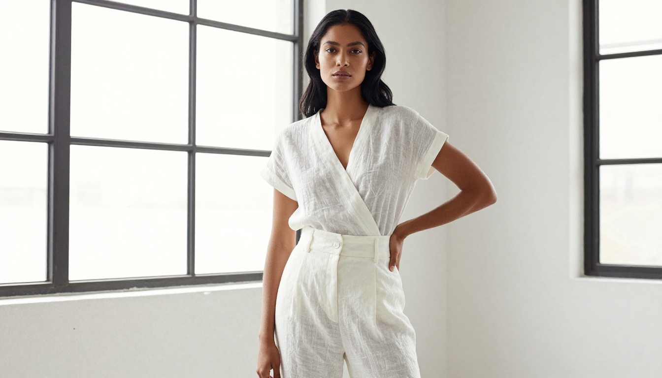 High fashion editorial, olive skin woman in white linen, diffused window light, 85mm lens High fashion editorial, olive skin woman in white linen, diffused window light, 85mm lens