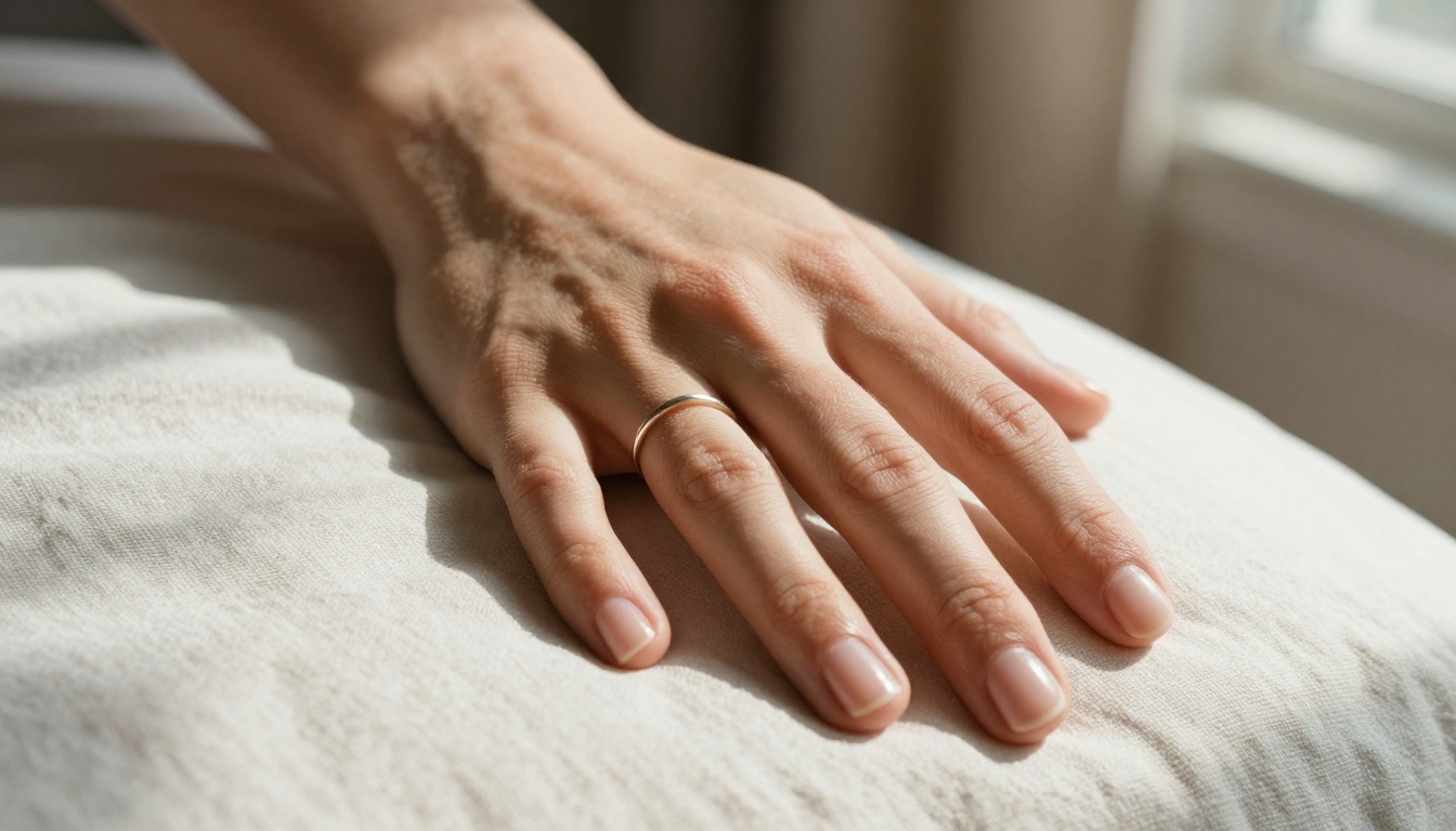 Macro detail shot of woman's hand on pale linen sheets, morning directional light, 100mm macro Macro detail shot of woman's hand on pale linen sheets, morning directional light, 100mm macro