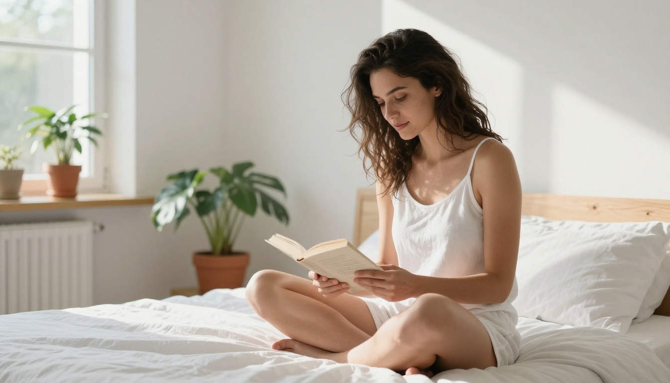 Bright Scandinavian bedroom, woman in white camisole reading, morning window light, 35mm lens Bright Scandinavian bedroom, woman in white camisole reading, morning window light, 35mm lens
