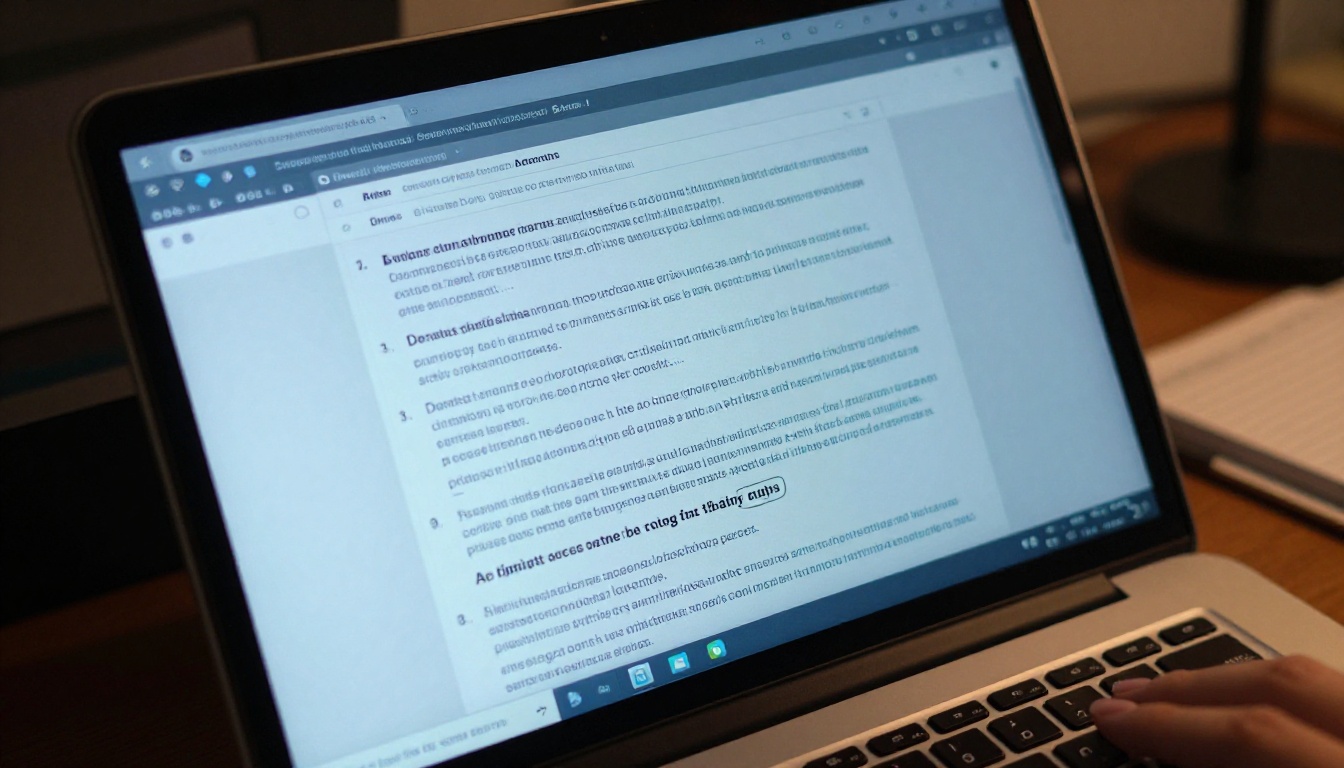 Laptop screen close-up showing an AI text interface with a structured long-form report response Laptop screen close-up showing an AI text interface with a structured long-form report response
