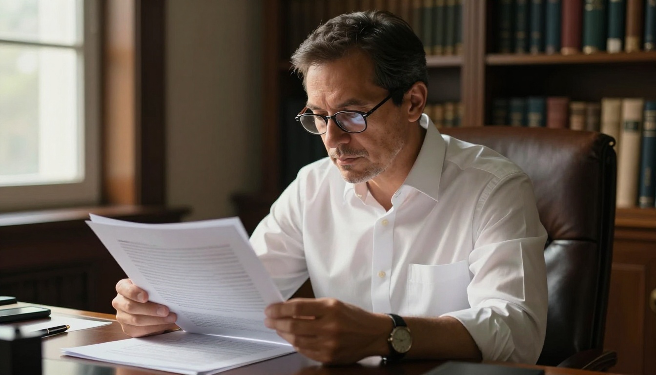 Male executive in a leather chair reviewing a thick printed document at a mahogany desk Male executive in a leather chair reviewing a thick printed document at a mahogany desk