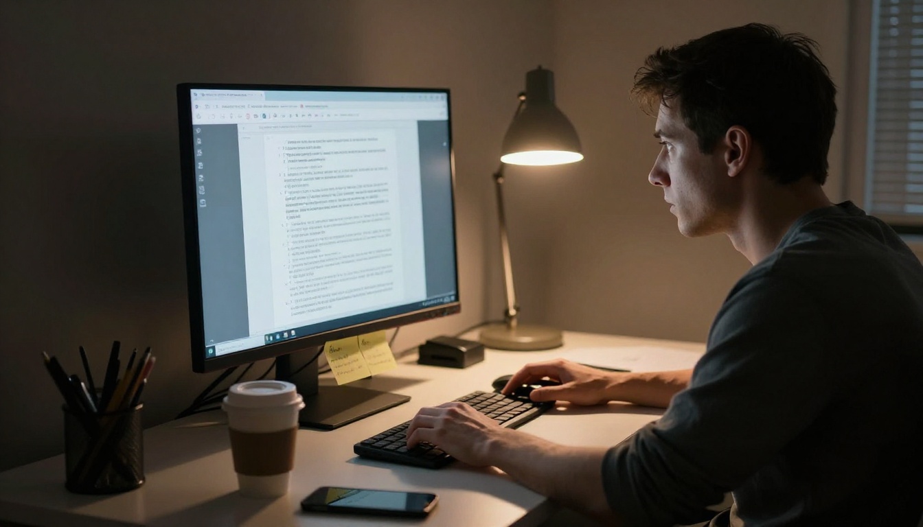 Late night deep work session with a writer at a desk illuminated by a single lamp Late night deep work session with a writer at a desk illuminated by a single lamp