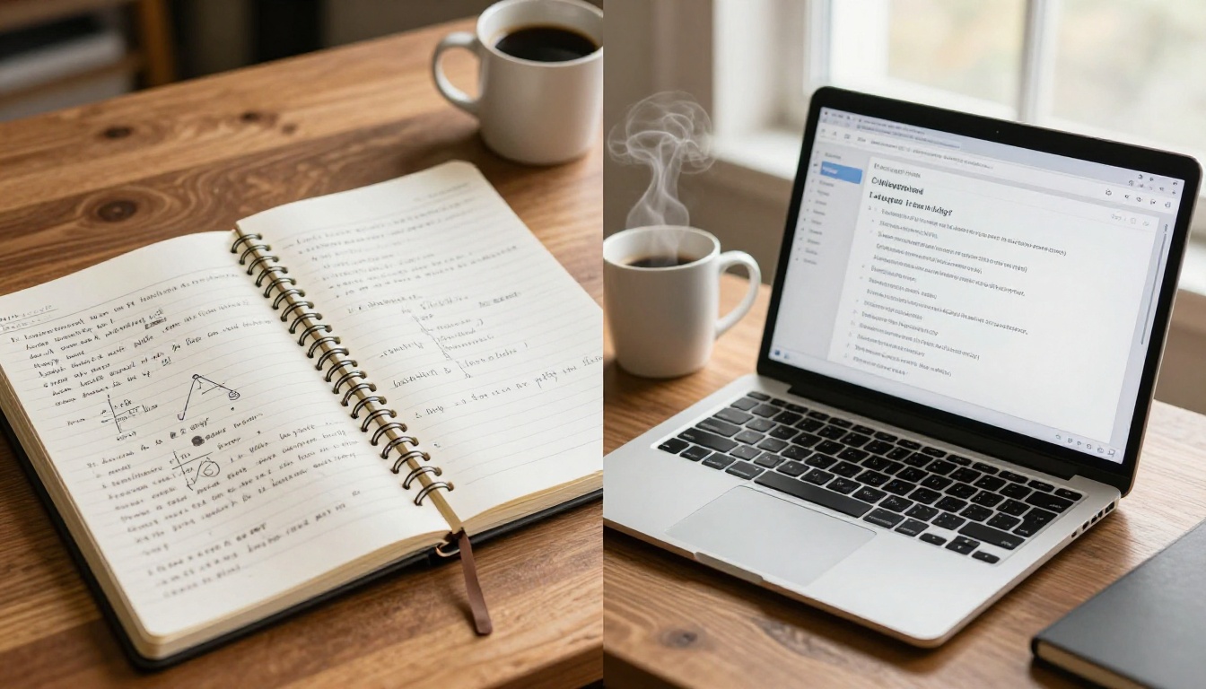 Analog research notebook beside a laptop showing an AI writing interface on a wooden desk Analog research notebook beside a laptop showing an AI writing interface on a wooden desk