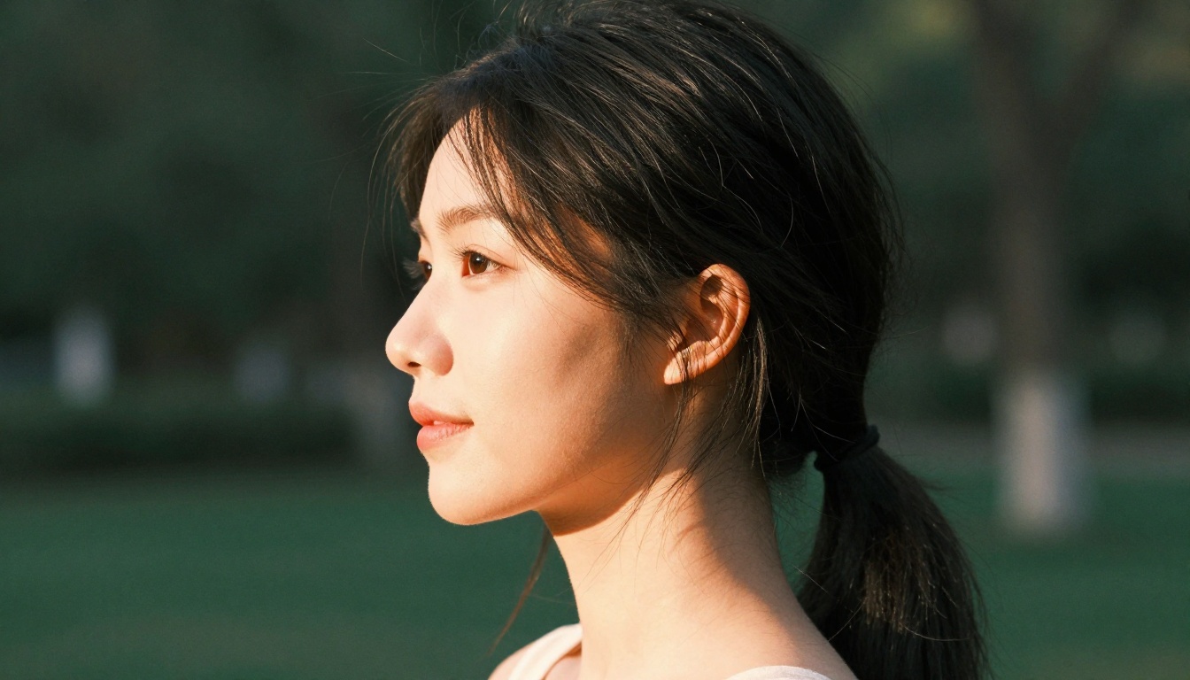 Outdoor golden-hour side profile portrait with photorealistic detail
