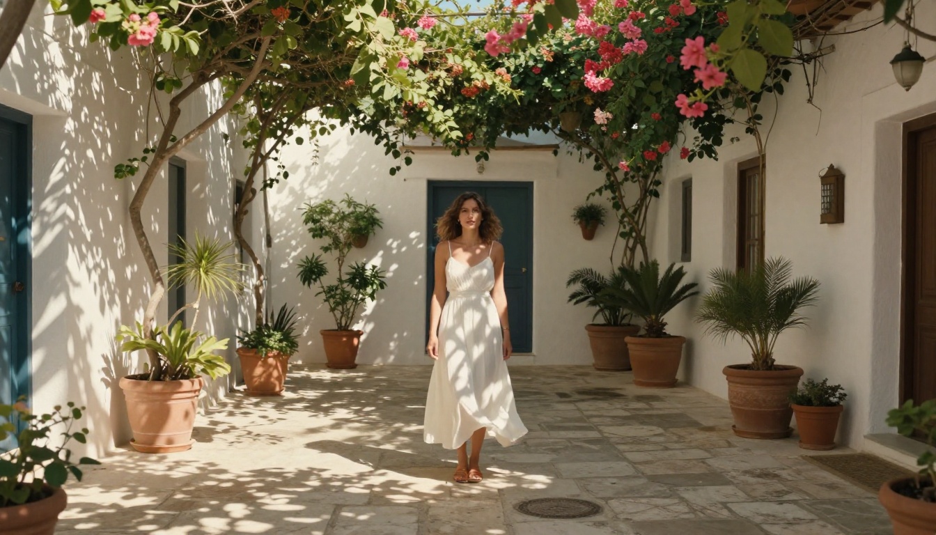 Mediterranean outdoor portrait showing full-body character composition