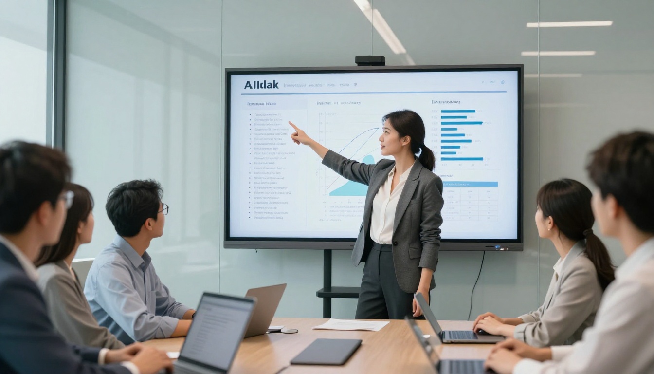 Professional woman pointing at AI-generated data report on a boardroom screen while presenting to her team