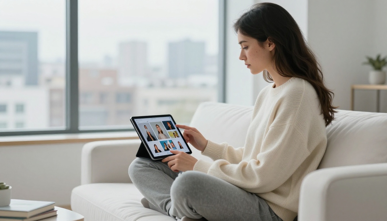 Young woman sitting cross-legged on a sofa using a tablet to browse an AI creative platform with an image gallery