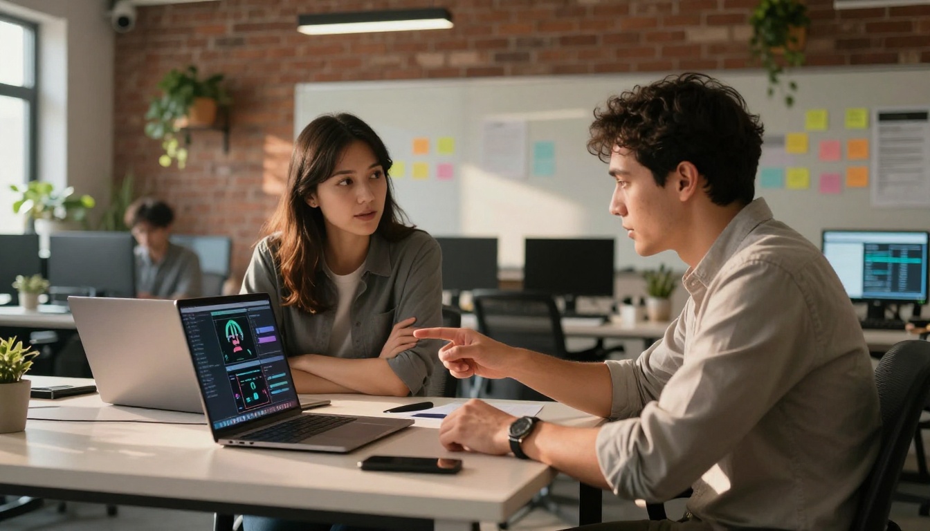 Two startup colleagues at a standing desk comparing multiple AI model interfaces side by side on a laptop