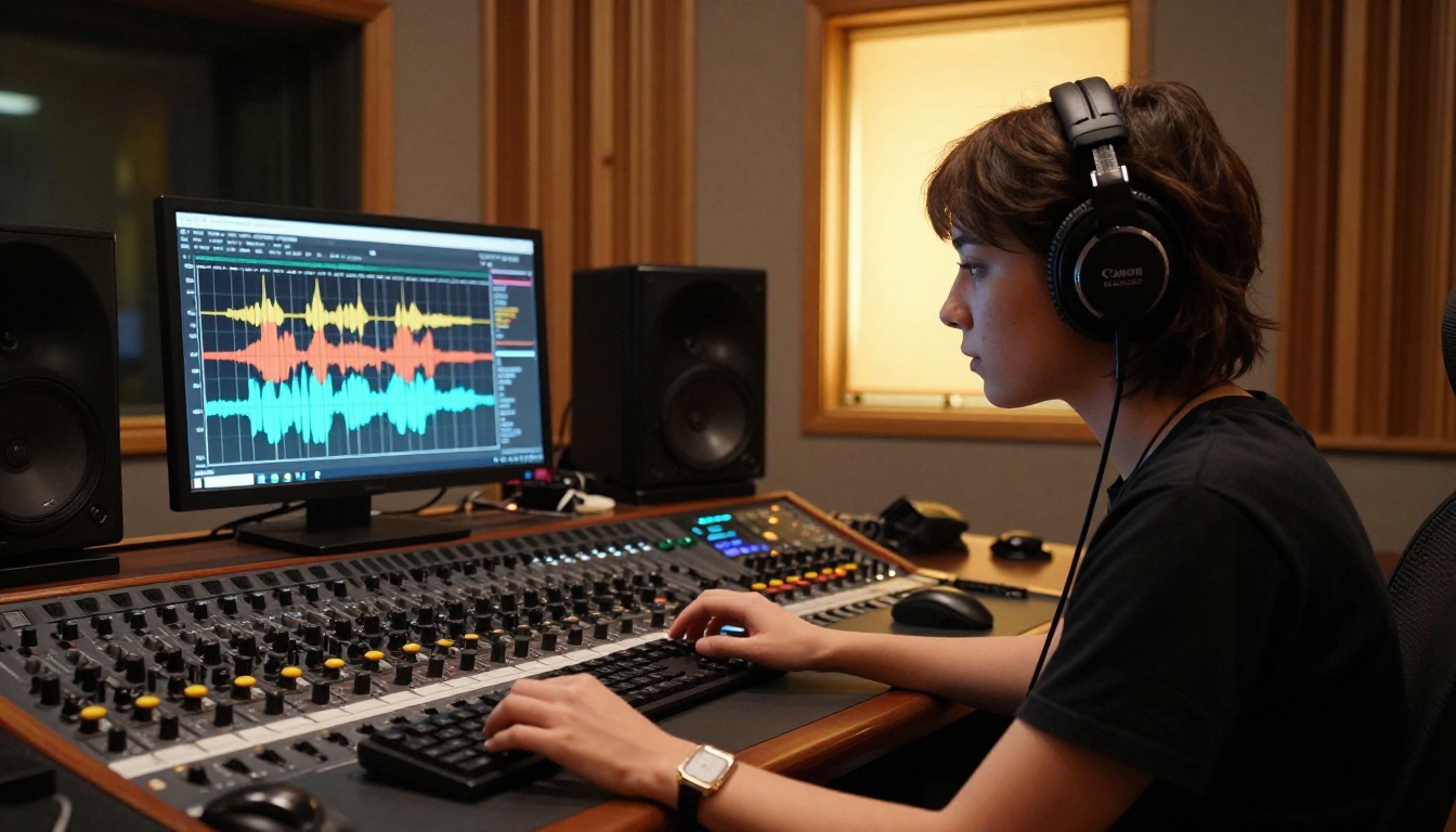 Audio engineer reviewing AI transcription on waveform display in professional recording studio