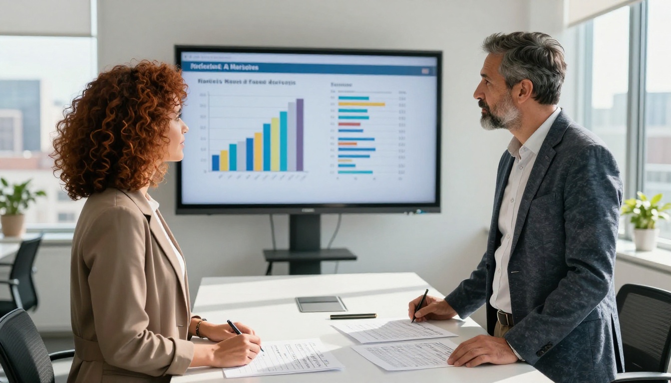 Two professionals reviewing AI benchmark comparison results in modern conference room