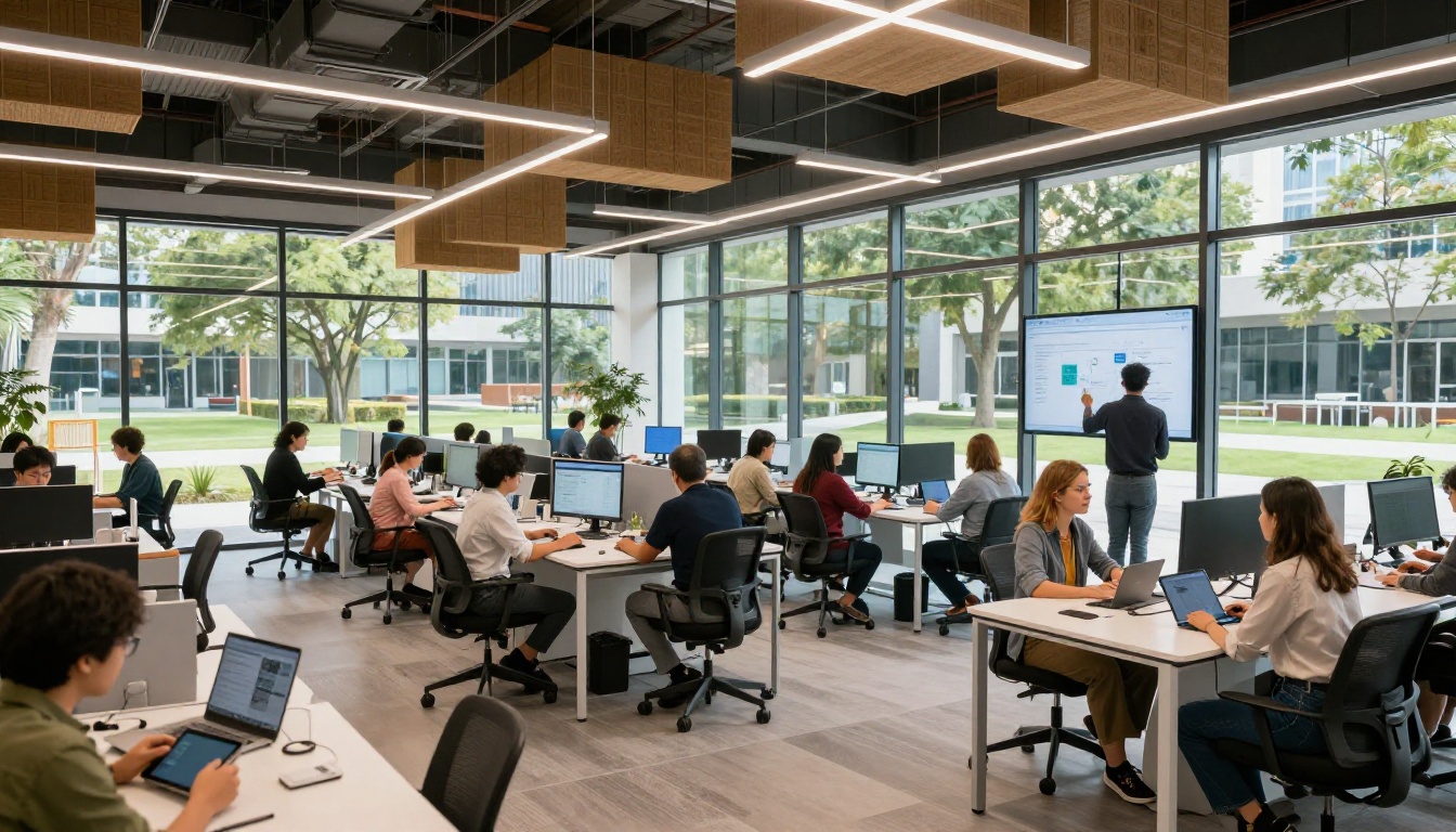 Diverse professionals collaborating in modern AI tech campus with natural light