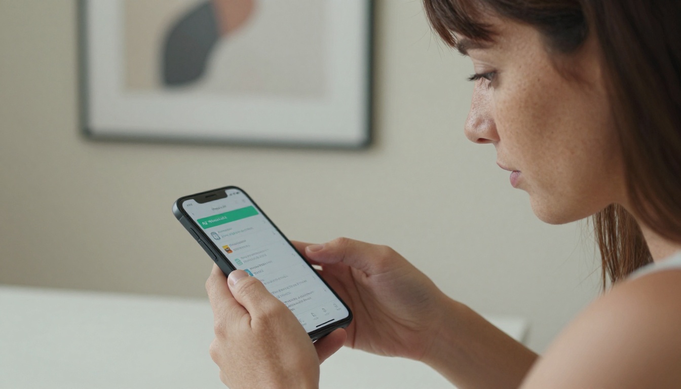 Woman reviewing multilingual AI translation interface on smartphone at minimal white desk