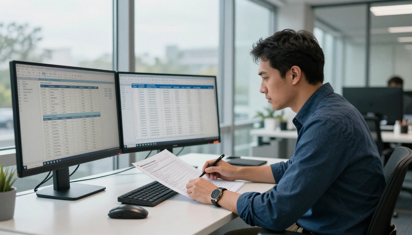 Professional business analyst reviewing printed summaries at a standing desk in a glass-walled office Professional business analyst reviewing printed summaries at a standing desk in a glass-walled office