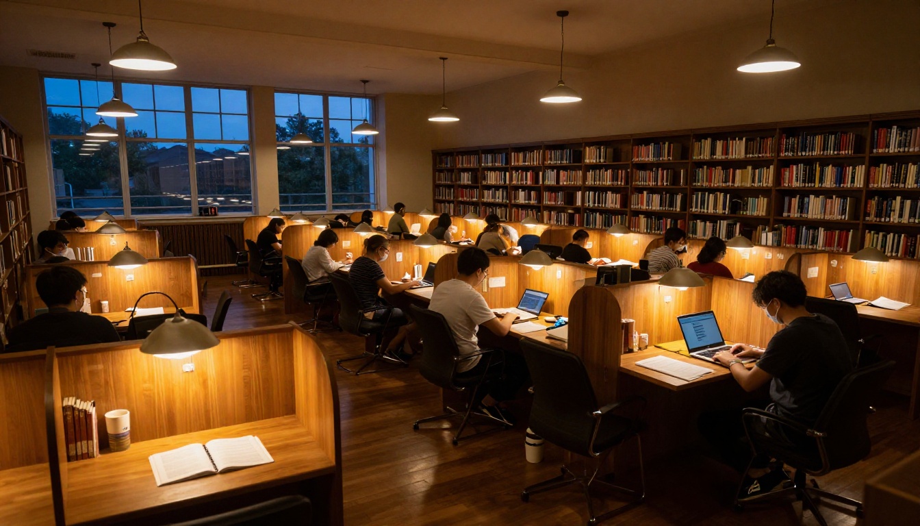 University library reading room at dusk with warm lamp-lit study carrels and bookshelves University library reading room at dusk with warm lamp-lit study carrels and bookshelves