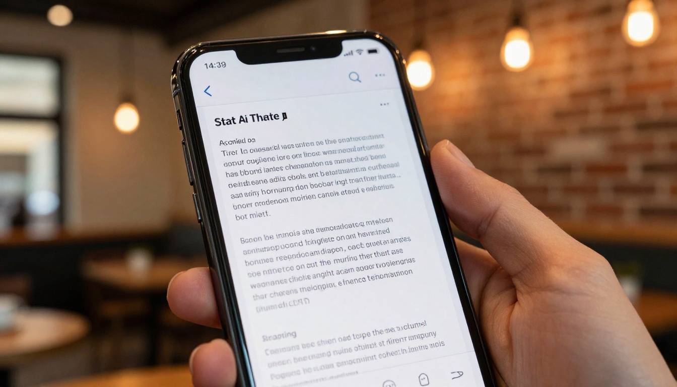 Hand holding a smartphone showing an AI chat summary response in a warm coffee shop setting Hand holding a smartphone showing an AI chat summary response in a warm coffee shop setting