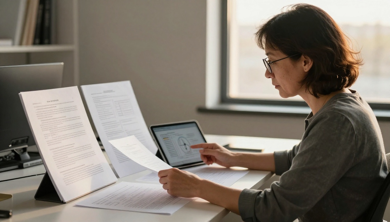 Academic woman comparing two large research documents at a standing desk in golden hour light Academic woman comparing two large research documents at a standing desk in golden hour light