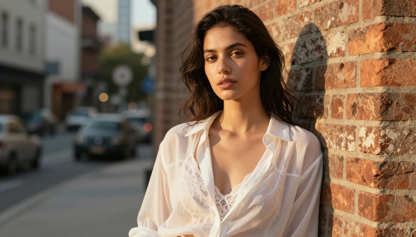 Woman in elegant fashion editorial pose with warm natural side lighting on brick wall